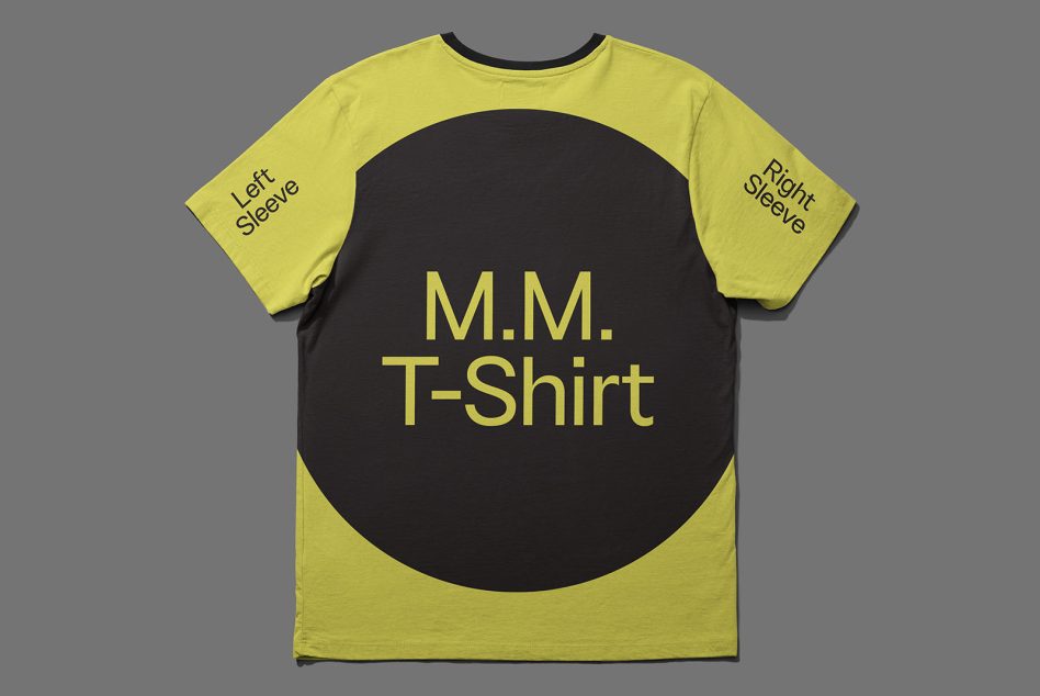 Customizable t-shirt mockup in yellow and black with a bold design, labeled sleeves, ideal for apparel presentations and fashion design.