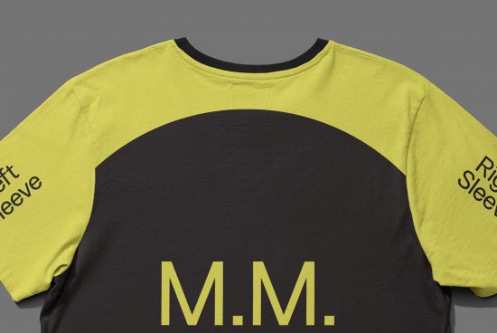 Close-up of a yellow and black round neck t-shirt mockup with text for designers to showcase branding designs.