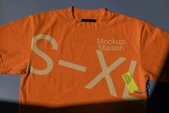 Flat lay orange t-shirt mockup with graphic design and price tag, on blue shadowed background, ideal for apparel presentation and branding.