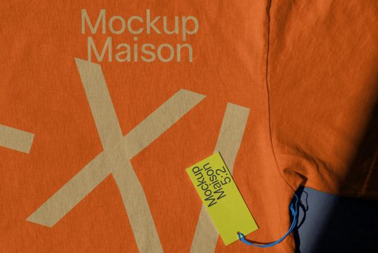 Orange t-shirt mockup with tag on textile, showcasing brandable clothing design, ideal for fashion graphics and product templates.