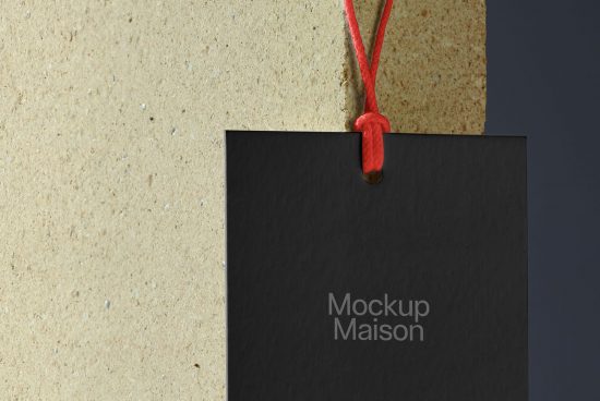 Black tag mockup with red string against textured background, ideal for branding presentation in graphic design.
