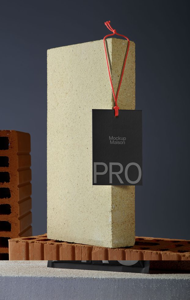 Professional tag mockup hanging on concrete block for branding presentations, set on a varied textured surface with bricks.