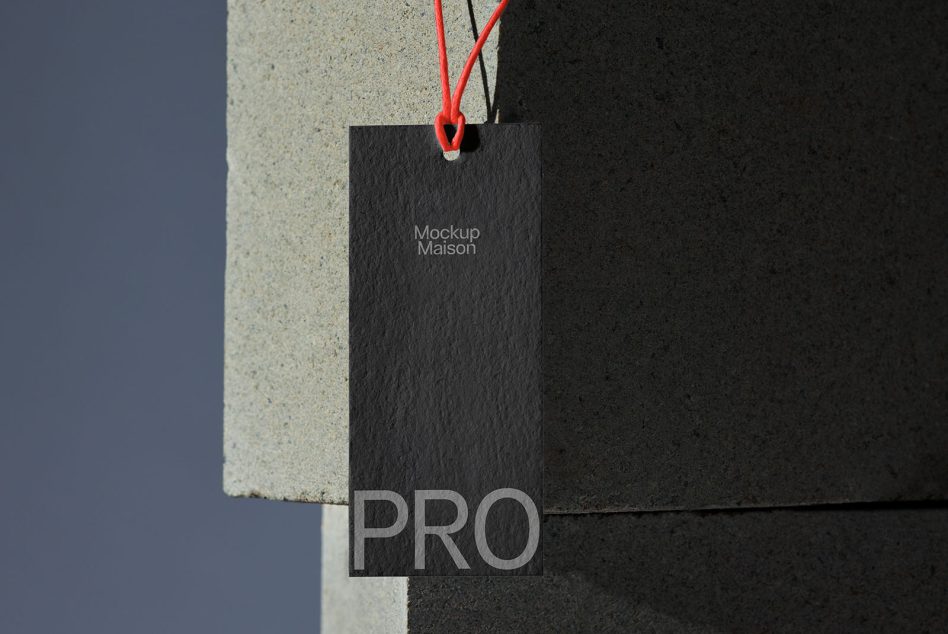 Black tag mockup with red string hanging on concrete background, elegant presentation for branding, design showcase, graphic assets.