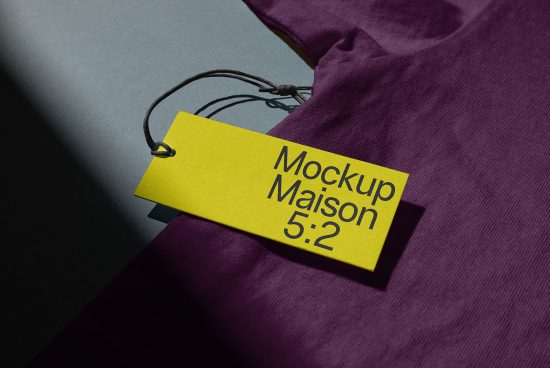 Clothing tag mockup on a purple fabric showcasing brand label design, ideal for designers looking for apparel presentation assets.