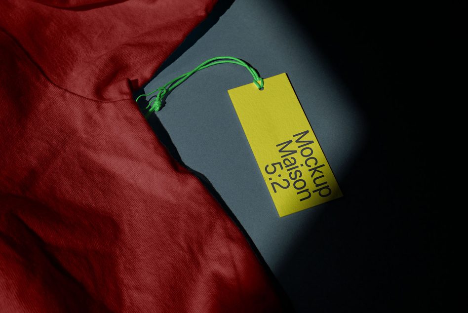 Yellow hang tag with green string attached to red fabric garment on dark surface
