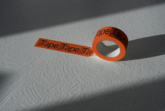 Roll of orange mockup tape with shadow on textured surface, ideal for packaging design presentation, realistic material template.