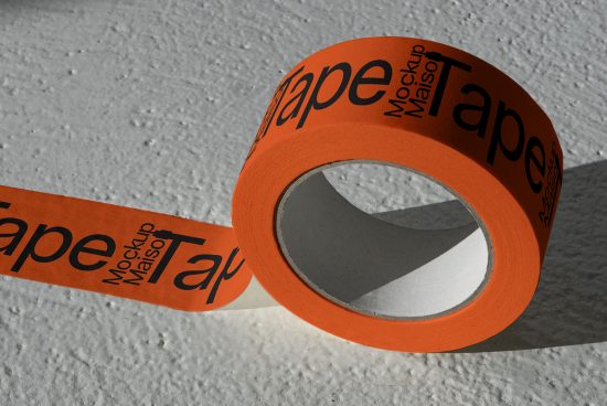 Roll of orange tape with 'Mockup' text on a textured surface, ideal for branding mockups, design assets, creative graphics.