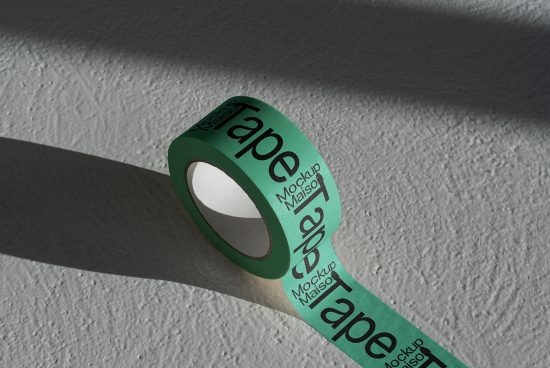 Green tape roll with shadow on textured surface, ideal for realistic packaging mockups, high-quality material design presentation.