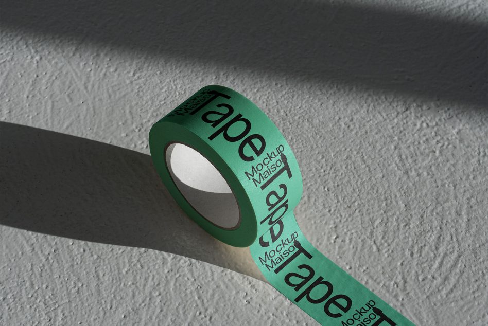 Rolled green tape mockup on concrete floor with dramatic sunlit shadows