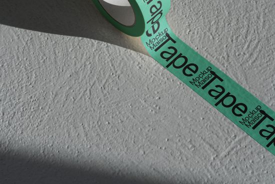 Roll of green adhesive tape with 'Mockup' text on sunny wall texture, realistic packaging mockup material, designer assets.
