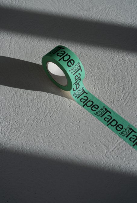Green tape roll unrolled across white textured surface showing branding