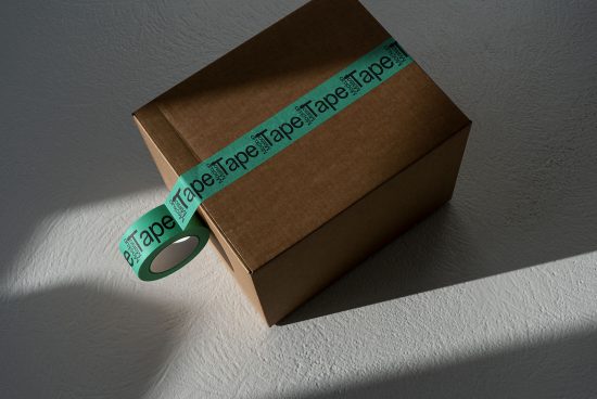 Cardboard box mockup with custom tape branding, realistic shadows, design asset for packaging presentation.