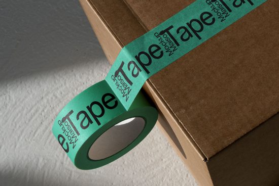 Cardboard box sealed with custom branded tape design mockup for packaging presentation, showcasing graphics and marketing material.