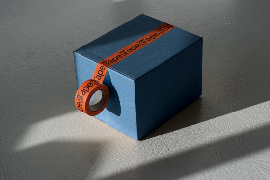 Realistic mockup of blue box with branded tape for packaging design display on textured background with natural shadows, suitable for product presentation.