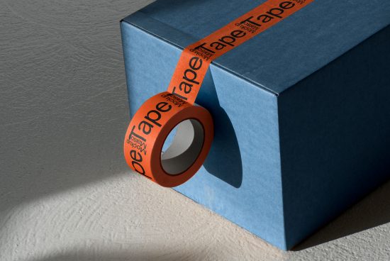Blue cardboard box sealed with custom branded red and orange tape on a textured surface, perfect for packaging mockup design visuals.