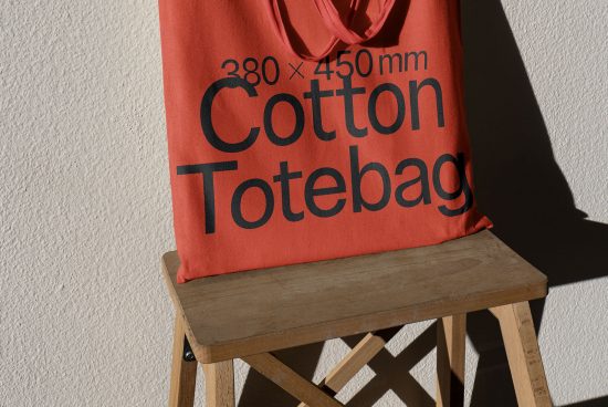 Red cotton tote bag mockup on wooden stool with shadow, clean design, high-resolution fabric texture, graphic design asset.