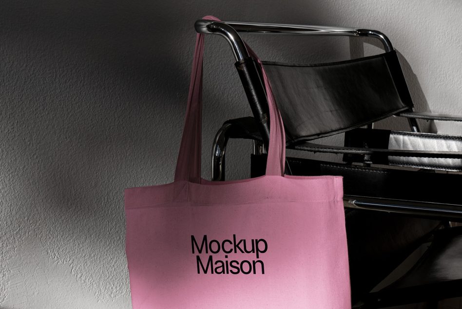 Elegant pink tote bag mockup hanging on modern chair, subtle shadows, ideal for showcasing design and branding work.