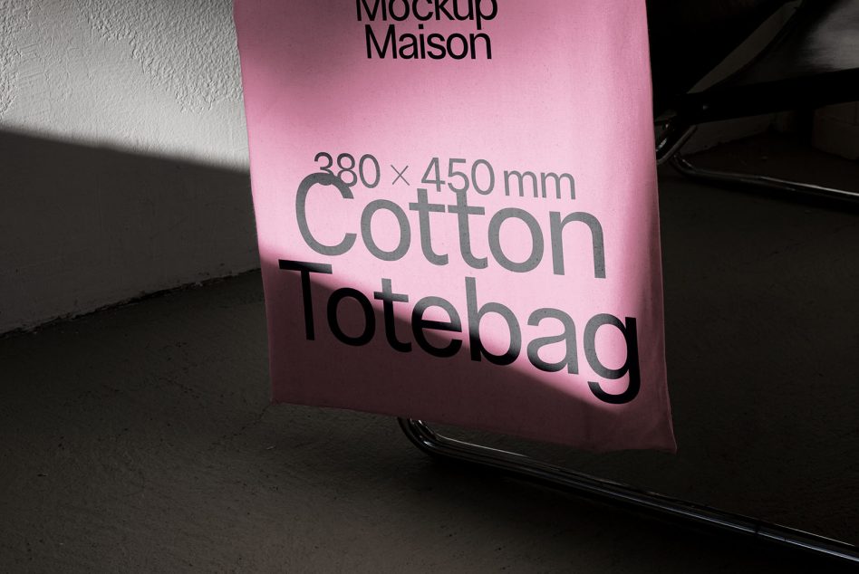 Pink cotton tote bag mockup on floor with shadow, realistic texture, design presentation, dimensions 380x450 mm, digital asset for designers.