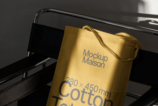 Yellow tote bag mockup with text "Mockup Maison" hanging on modern chair under natural light, showcasing size and fabric details for designers.