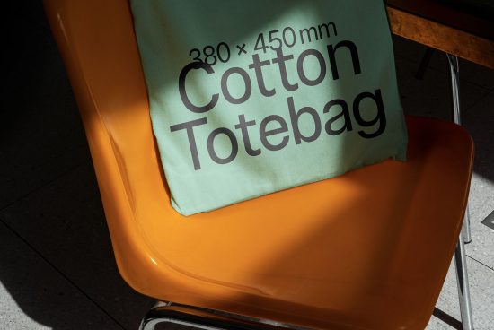 Mockup of cotton tote bag on orange chair, dimensions labeled, ideal for eco-friendly bag design presentation.