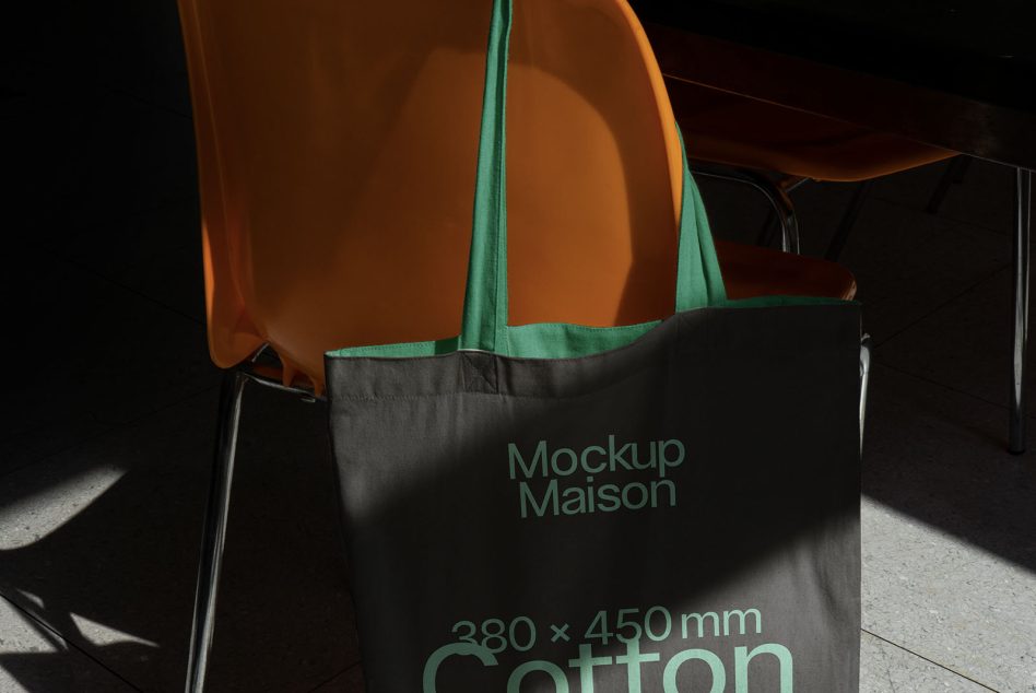 Cotton tote bag mockup on chair with natural shadows, ideal for showcasing designs in portfolio, tote bag design mockup, eco-friendly bag template