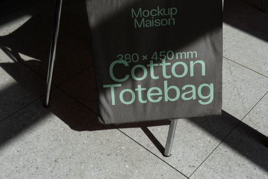 Cotton tote bag mockup on chair with natural light shadows, showcasing design space for templates and graphics display.