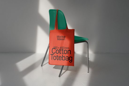 Red cotton tote bag mockup on a modern chair in a light room, shadow play, realistic product display for designers.