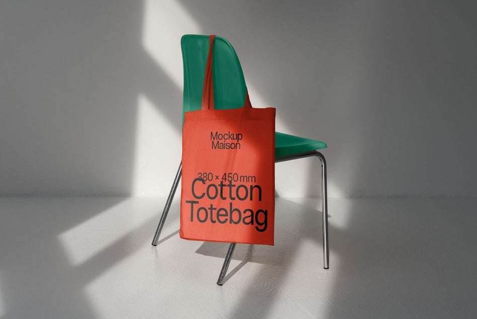 Red cotton bag draped over green chair back with sunlit backdrop