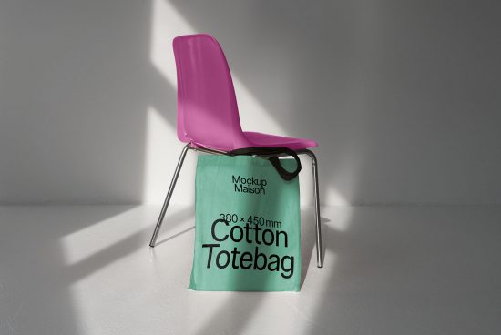 Mockup of a green cotton tote bag on a modern pink chair with shadows, for design presentation, product display, digital asset for graphic designers.