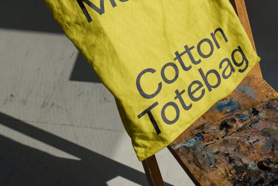 Yellow cotton tote bag mockup on wooden easel with bold typography design, ideal for showcasing eco-friendly brand concepts.