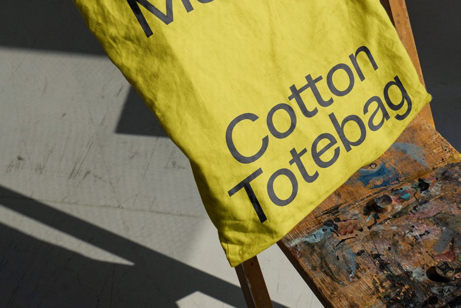 Close-up of yellow fabric tote showing Cotton Tote text on weathered wood surface