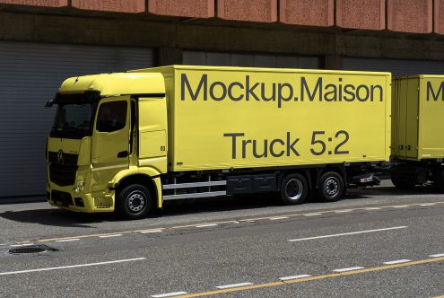 Yellow delivery truck mockup side view with branding space for designers, ideal for showcasing vehicle graphics and advertising designs.