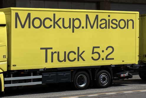 Yellow delivery truck side mockup with large text for showcasing branding designs, ideal for graphics and templates category.