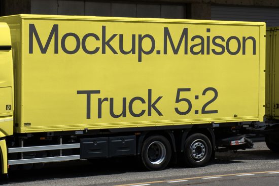 Yellow delivery truck side mockup with large text for showcasing branding designs, ideal for graphics and templates category.
