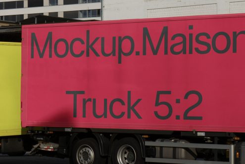 Side view of a vibrant pink delivery truck with bold mockup text, perfect for advertising design mockups.