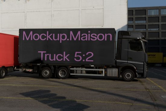 Side view of black delivery truck mockup with editable side panel in urban setting for branding presentation, vehicle advertising mockup, design asset.