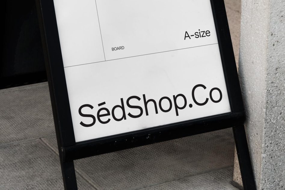 Mockup of an A-board sign with a customizable company name showcasing graphic design and branding potential for outdoor advertising.