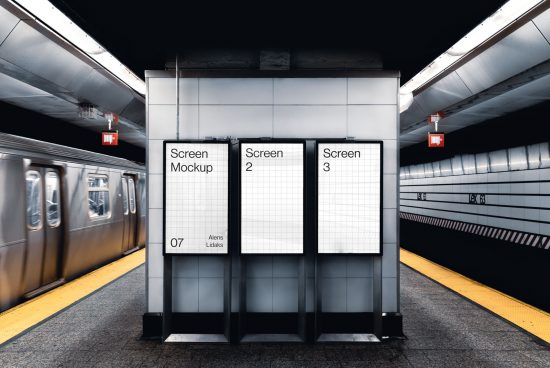 Subway advertising screen mockups in a station platform environment with a moving train, for realistic poster display presentations.