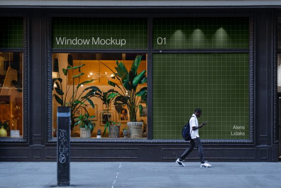Urban store window mockup with green tile design and passerby in casual attire, ideal for display and presentation designs.