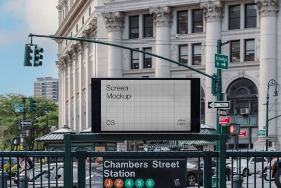 Urban digital billboard screen mockup template at a busy street intersection, ideal for outdoor advertising designs and graphics.