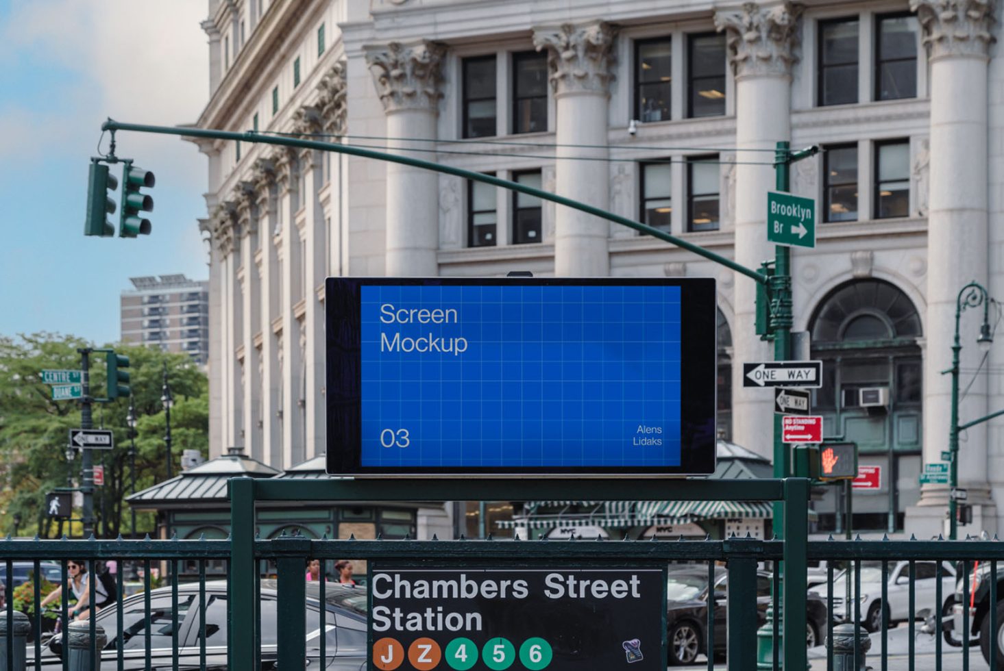 Outdoor billboard screen mockup in urban cityscape perfect for advertising designs, digital art showcase and street-level marketing visuals.