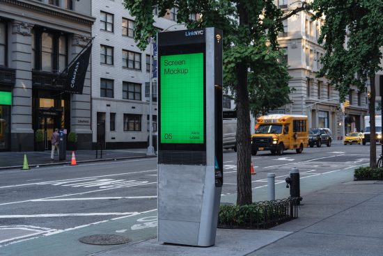 Digital advertising screen mockup on city street for outdoor media display designers, LinkNYC kiosk template, perfect for presentations.