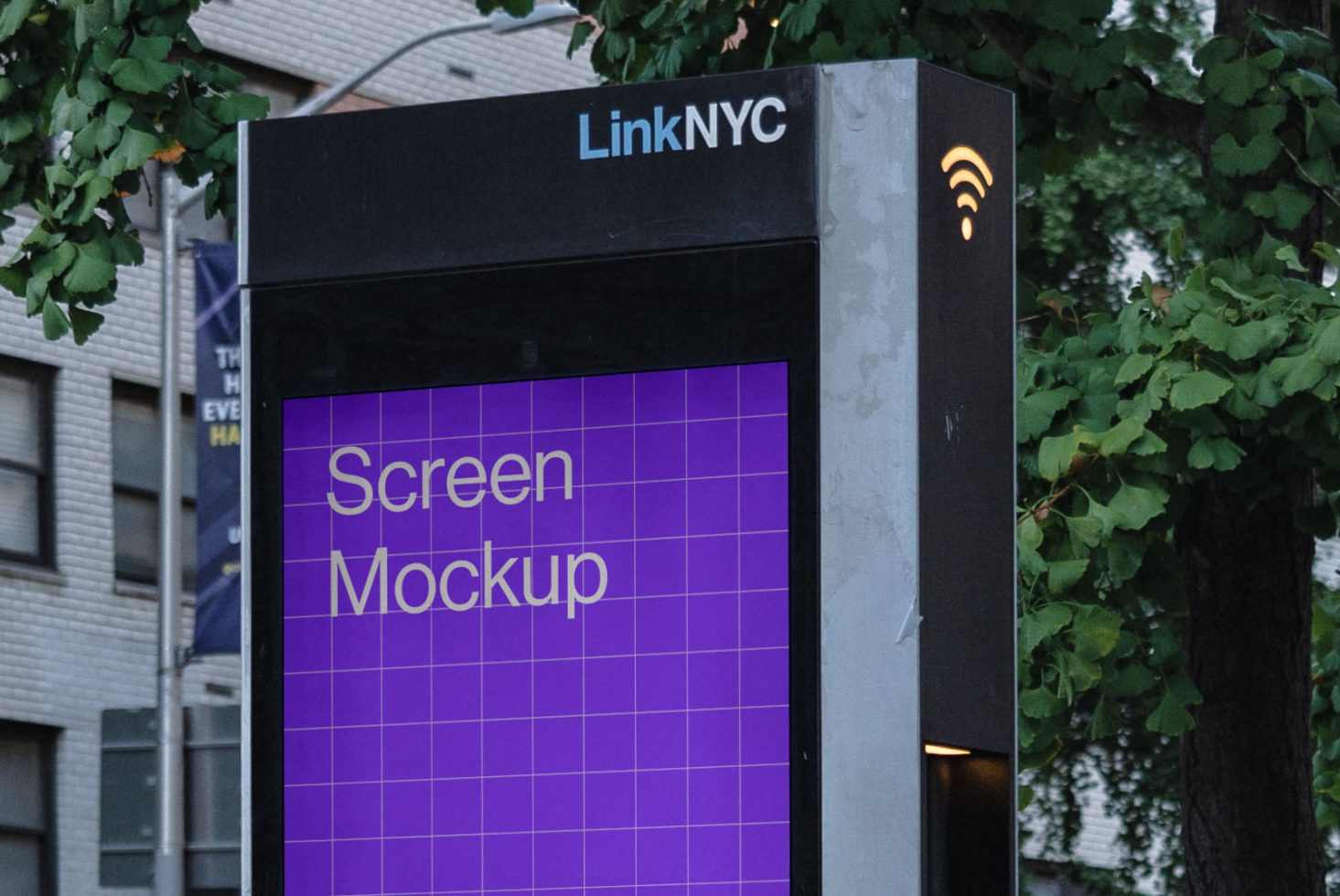 Urban digital screen mockup on LinkNYC kiosk with placeholder grid for branding, outdoor advertising display, city environment graphic designers.