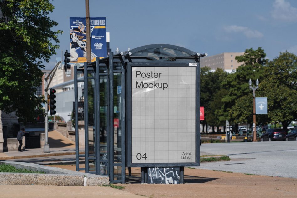 White poster mockup on blue bus shelter with city street background