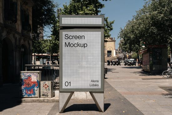 Urban billboard mockup for outdoor advertising on a sunny street, clear grid design space, intended for designers to overlay graphics.