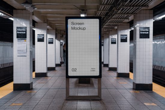 Subway advertisement screen mockup in a station, realistic setting for graphic display, urban marketing design template.