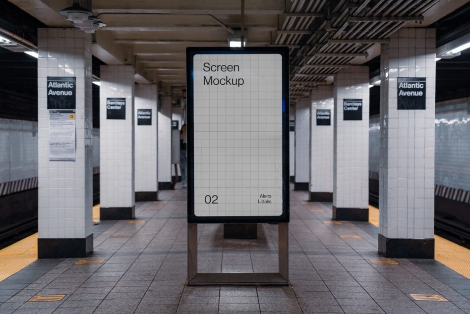 Screen mockup on subway platform floor with tile architecture