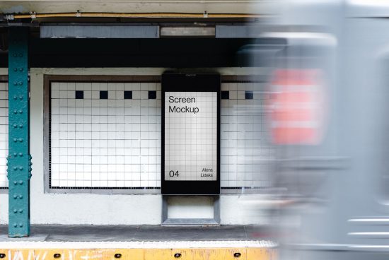 Urban subway station advertisement screen mockup in a realistic setting, with dynamic blurred train movement, ideal for designers.