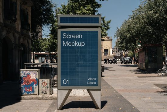 Outdoor advertising billboard mockup in urban setting with trees and clear blue sky, perfect for designers to display work.