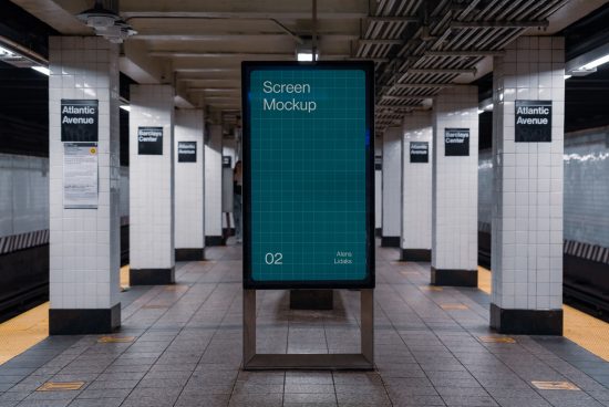Digital subway ad screen mockup in an urban station environment, with editable design space for branding, great for graphic designers.